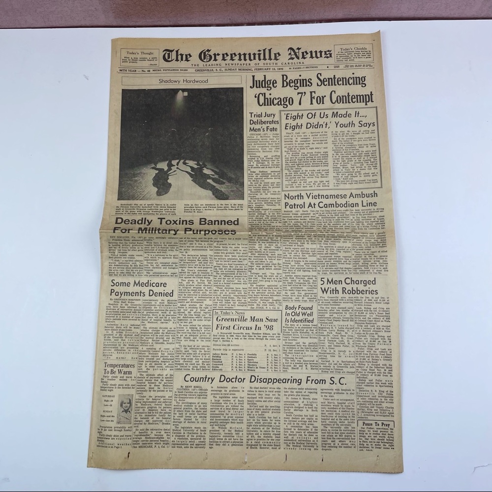The Greenville News Newspaper February 15, 1970 Chicago 7 Contempt History